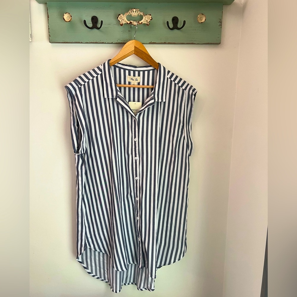 Tunic-length striped, button-down shirt